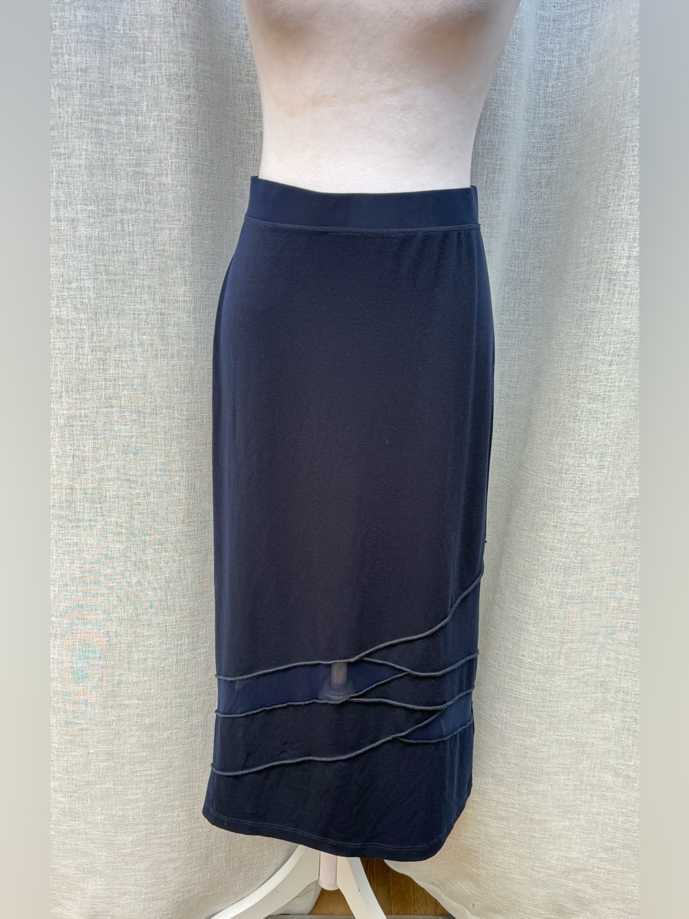 Komarov navy blue stretch straight midi skirt mesh detail